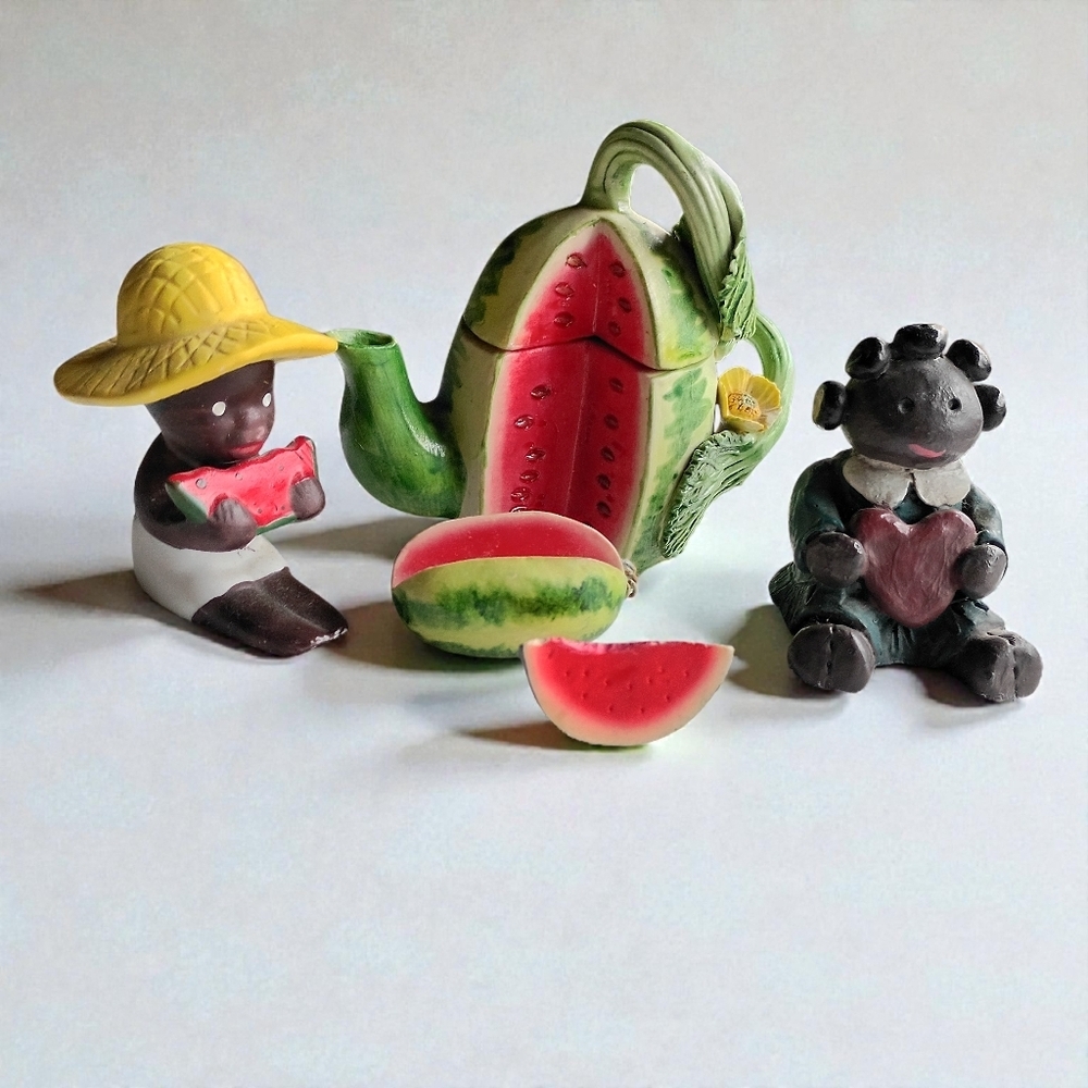 Vintage Watermelon Theme Figurine Set Teapot, Slices & Child Figures Folk Art S​